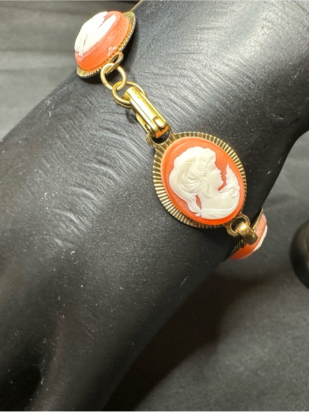 Gold-Tone Coral Cameo Bracelet with White Relief